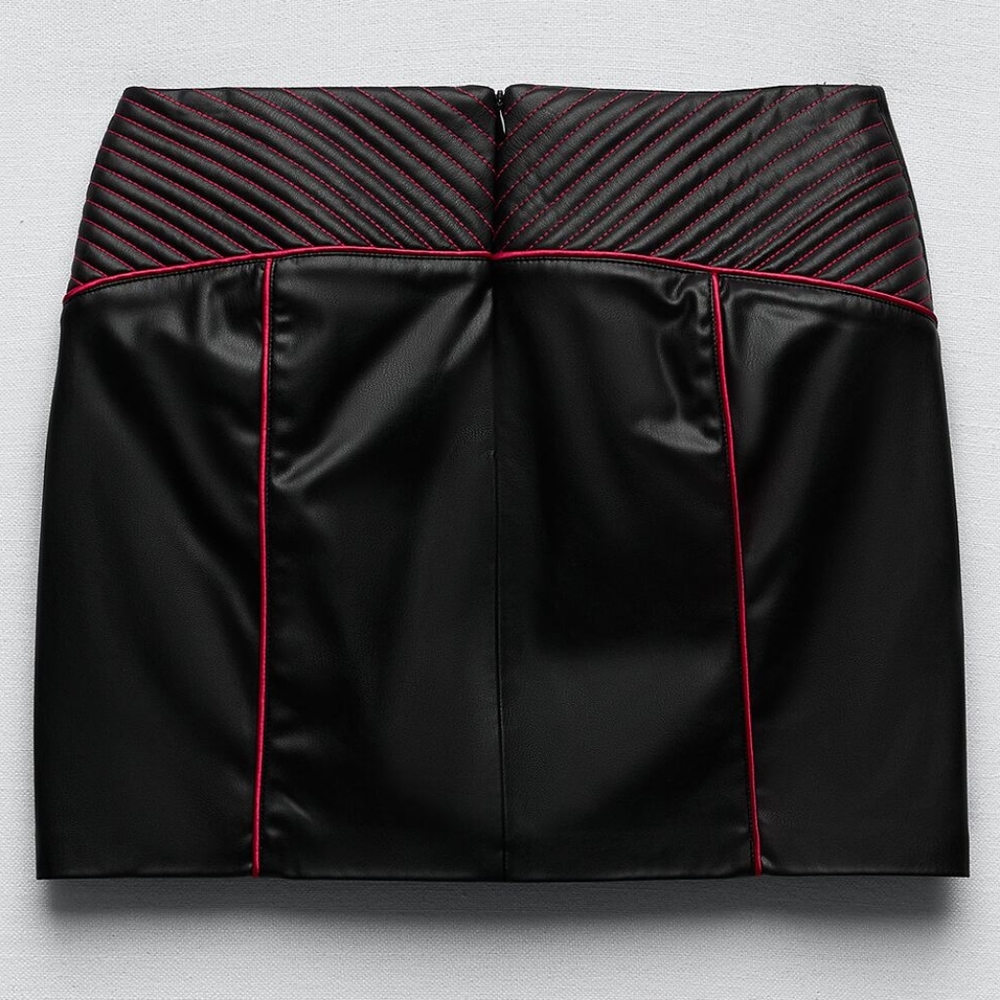 NWT ZARA Black/Red Moto Style Faux Leather Mini Skirt S - Picture 8 of 9
